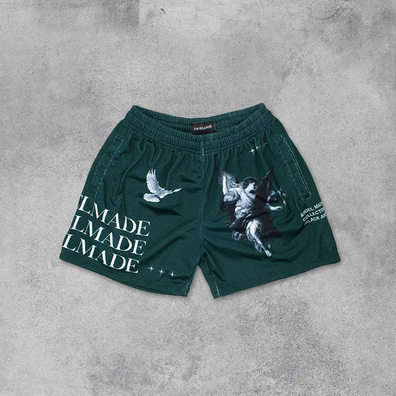 Mesh-streetshorts met vredesduif, gemaakt door een engel