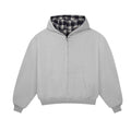 Sweat à capuche zippé réversible à carreaux V2 (Gris clair / Bleu marine délavé)