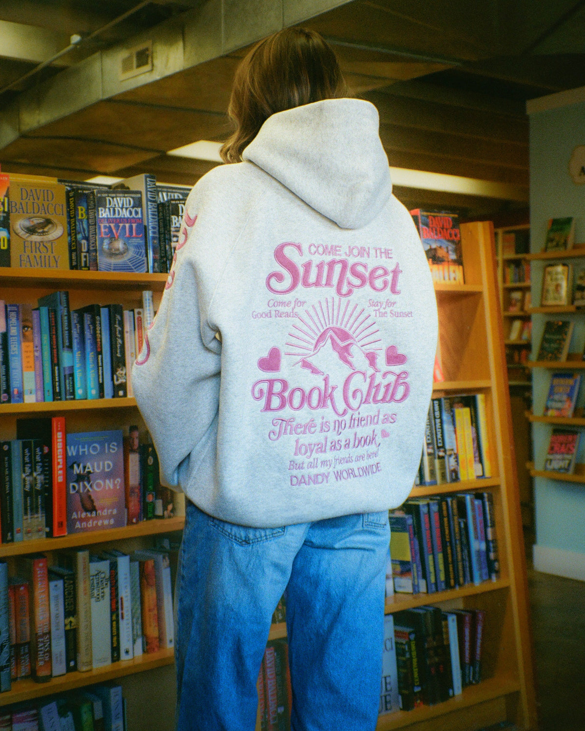 Sweat à capuche oversize "Book Club" gris chiné et rose