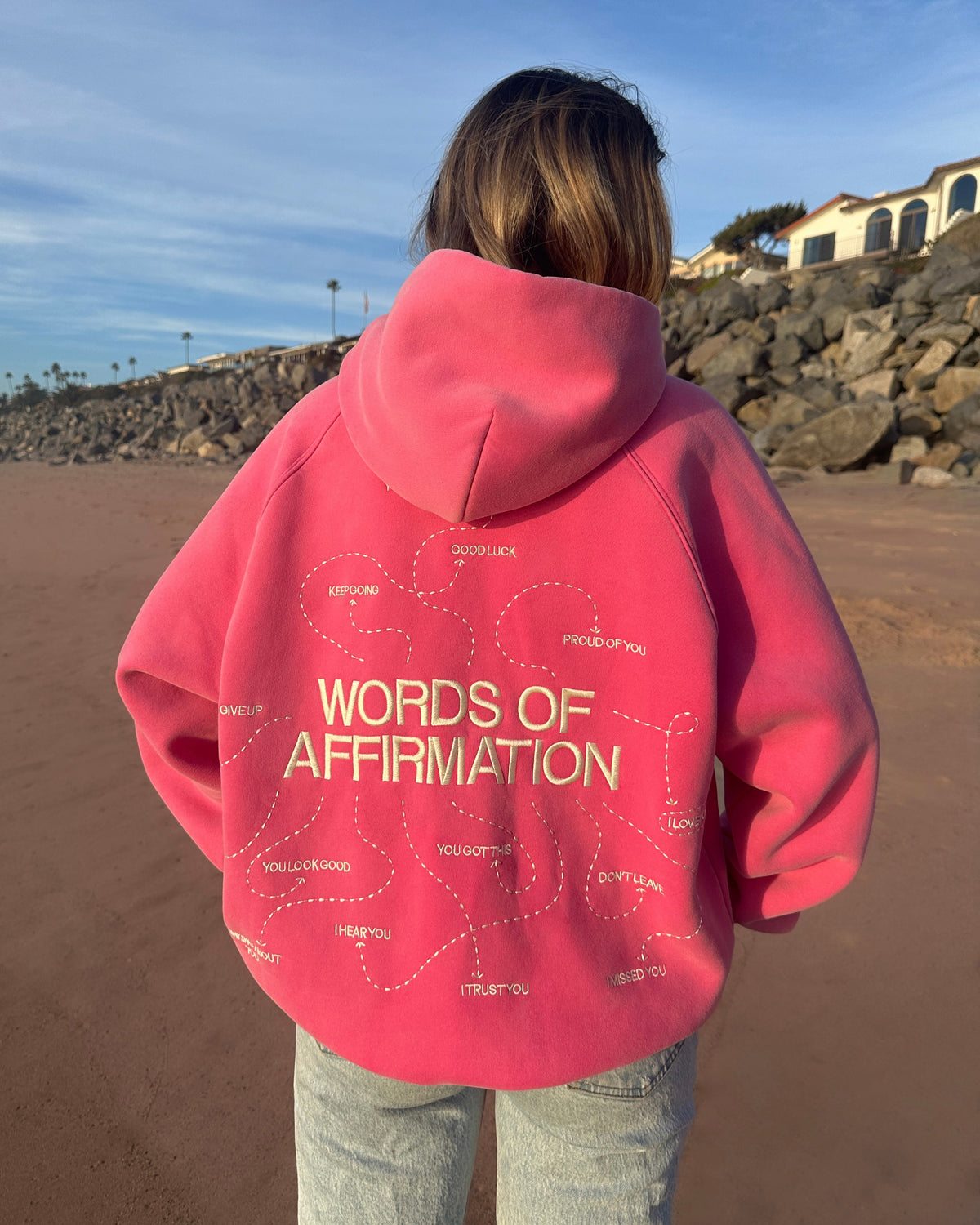 "Parole di affermazione" felpa con cappuccio oversize Lux rosa effetto slavato vintage