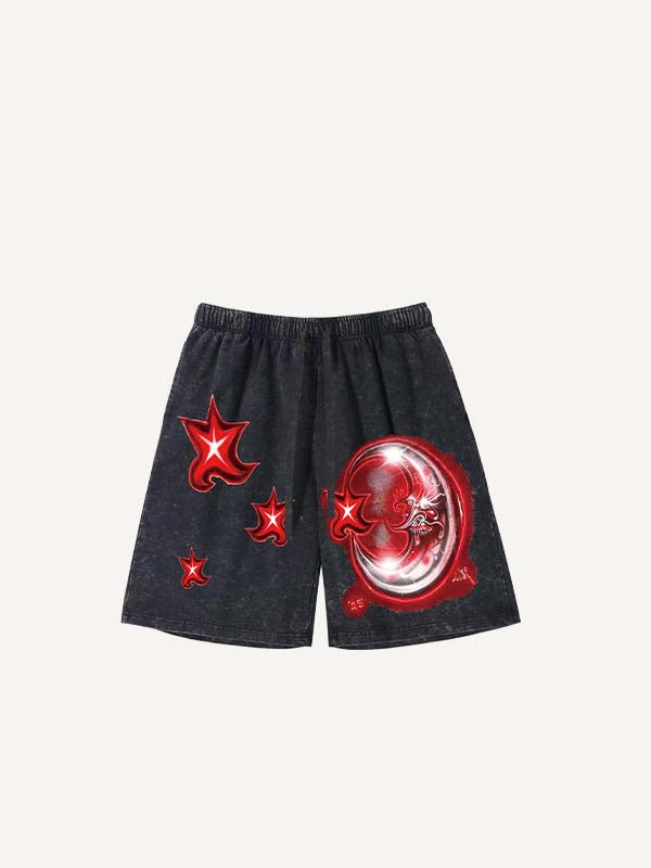 Shorts mit Destroyed-Effekt und Mond- und Sternen-Print sowie Kordelzug in der Taille
