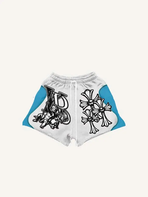 Angel&Cross&Gun&Letter Faux Decal Print Drawstring Waist Shorts