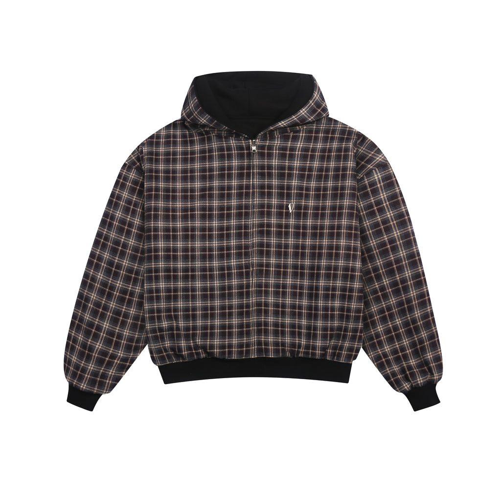 Omkeerbare geruite hoodie met rits V2（Zwart/Bruin）