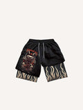 Shorts à taille élastique avec cordon de serrage, imprimé lettres et motif démon, effet deux-en-un