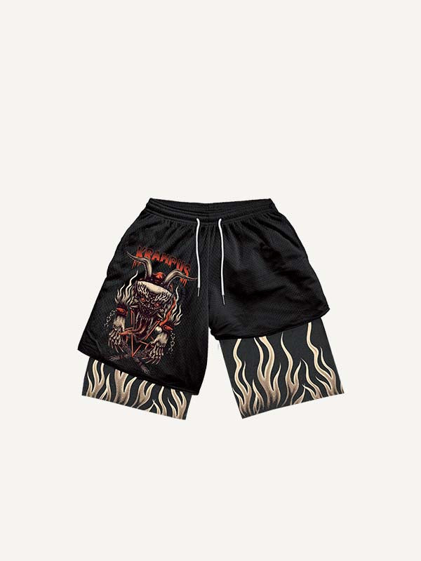 Shorts à taille élastique avec cordon de serrage, imprimé lettres et motif démon, effet deux-en-un