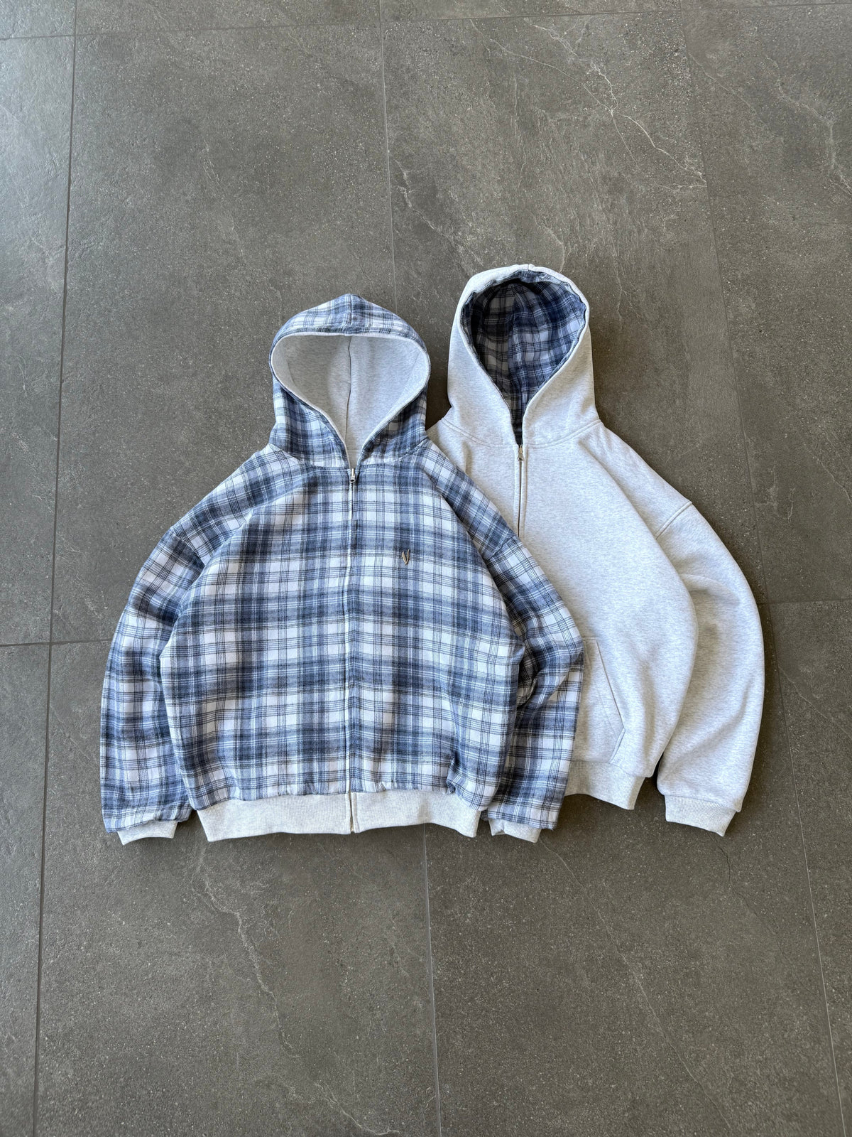 Reversible Plaid Zip-Hoodie V2（Light Grey/Blue）