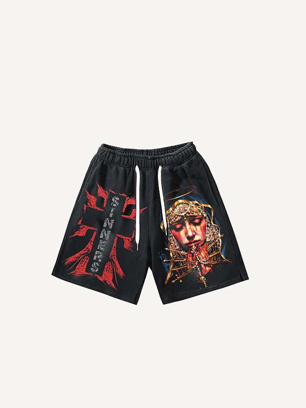 Shorts à cordon de serrage avec imprimé personnage, prière, croix et lettres