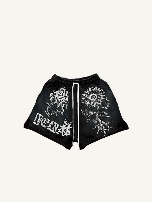 Shorts mit Kordelzug, Augen-, Blumen- und Buchstabenmuster