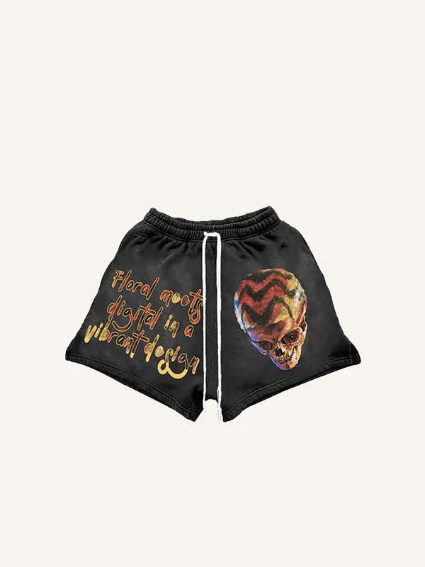 Skull&Graphic Print Drawstring Waist Shorts