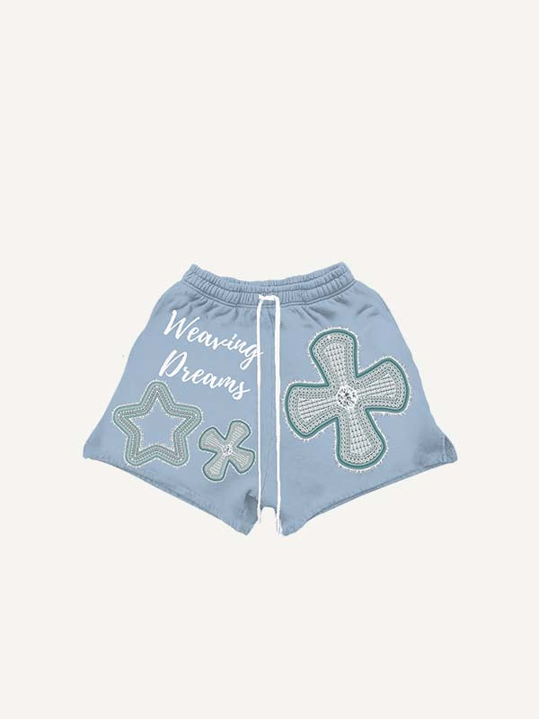 Cross&Star Faux Decal Faux Rhinestones Print Drawstring Waist Shorts