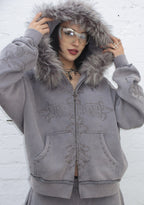 FERAL SWEATVEST MET RITS, KUNSTBONT EN NIETEN, GEWASSEN GRIJS (AFNEEMBAAR BONT)