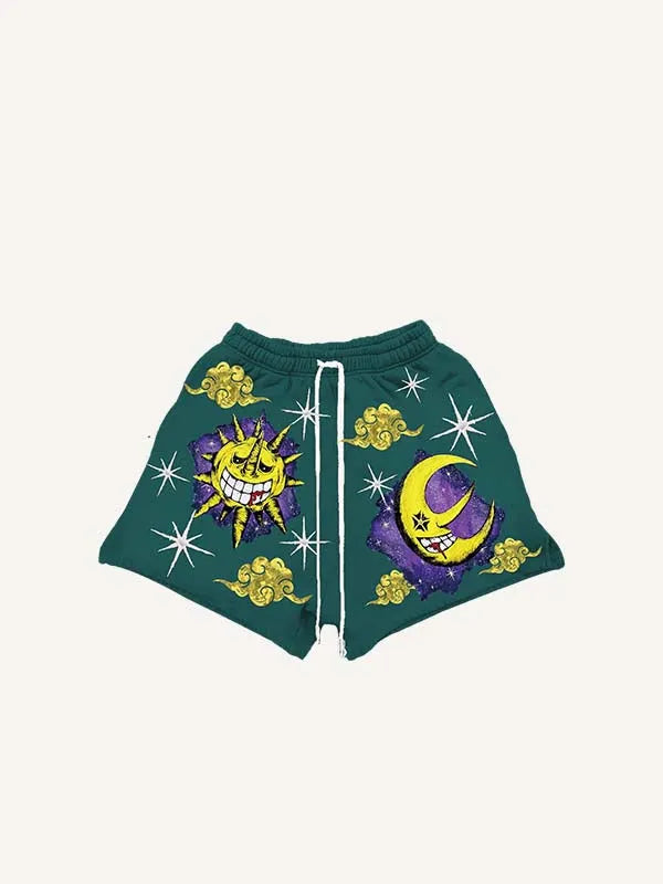 Shorts à cordon de serrage avec imprimé graphique soleil, lune et nuages maléfiques