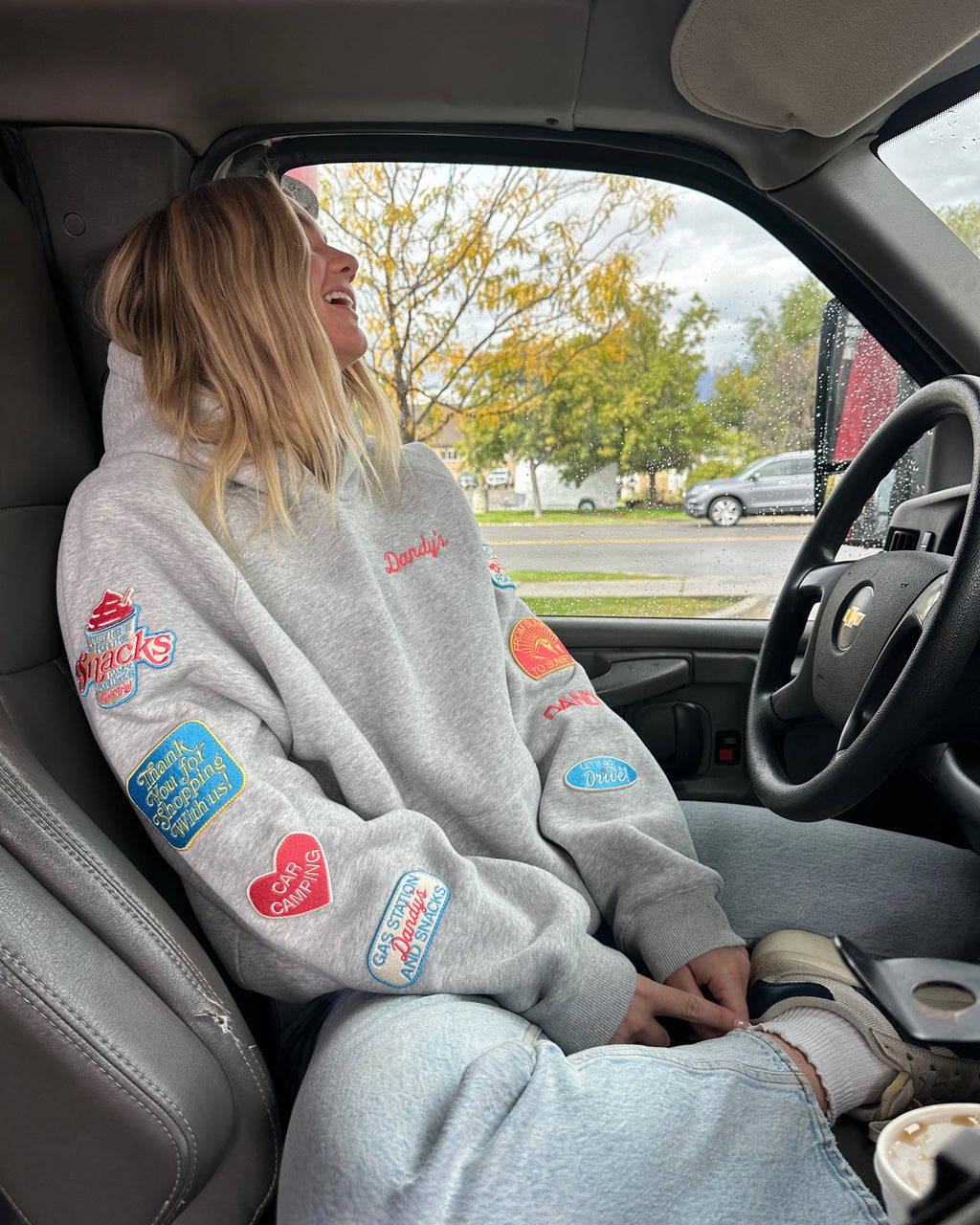 Sweat à capuche oversize « Road Trip ! » en gris chiné foncé