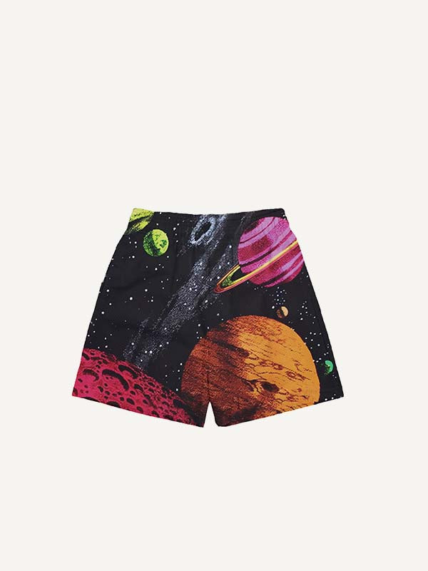 Space Planet Print Drawstring Waist Shorts