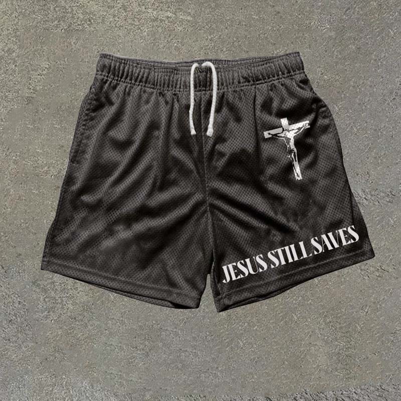 Jesus Still Saves Print Mesh Shorts