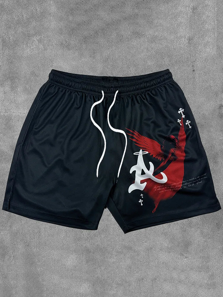 Mesh-Shorts mit Cross-Angel-Faith-Print