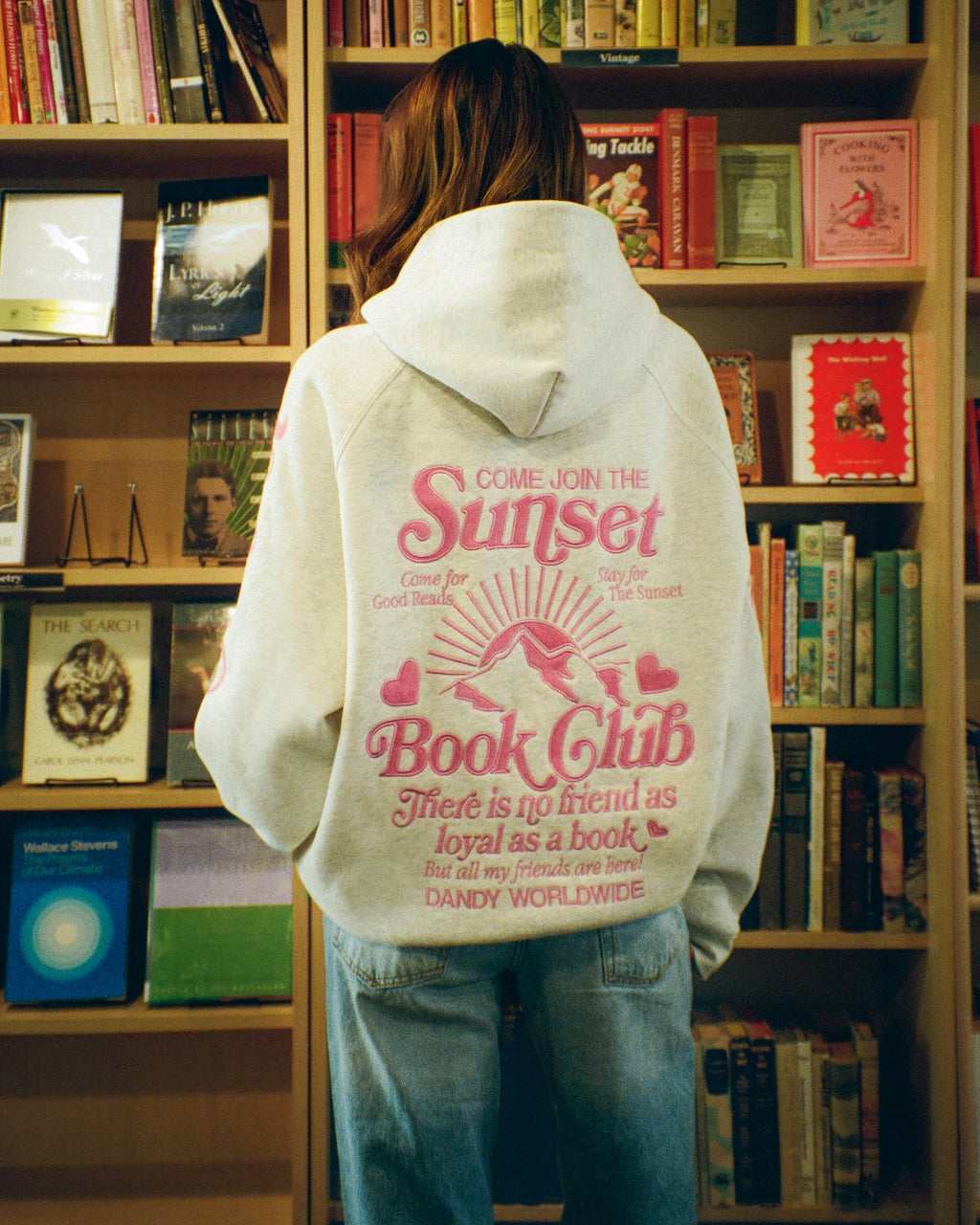 Sweat à capuche oversize "Book Club" gris chiné et rose
