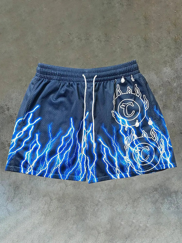 Vintage Flame Graphic Casual Street Mesh Shorts