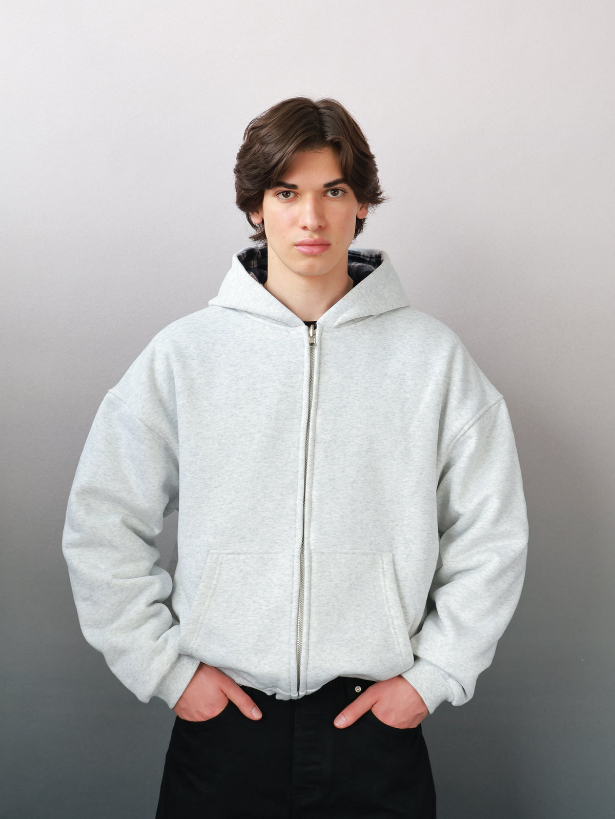Reversible Plaid Zip-Hoodie V2（Light Grey/ Faded Navy）