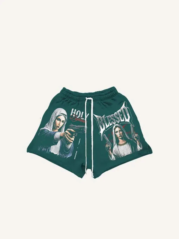 Mary&Pistol&Letter Print Drawstring Waist Shorts