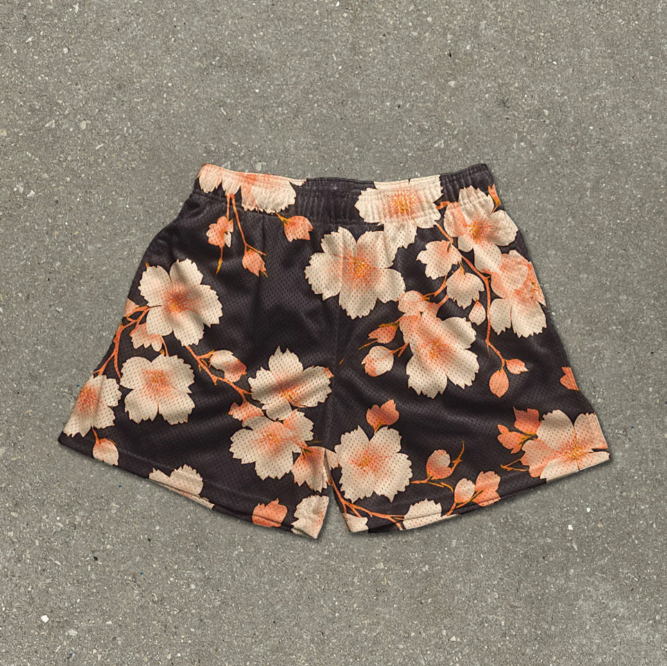 Mesh-Shorts mit Blumen- und Pflanzen-Print im Tintenverlauf-Design