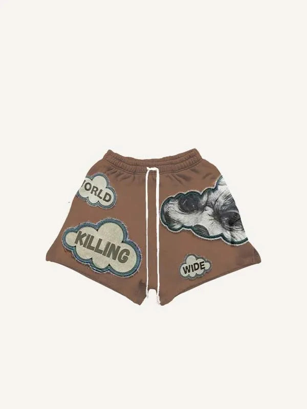 Figure&Graphic&Letter Faux Decal Print Drawstring Waist Shorts