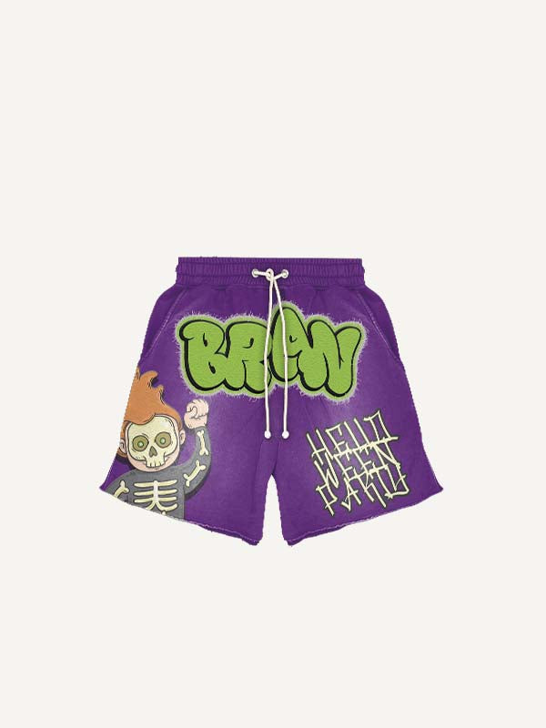 Skeleton&Letter&Fire Faux Decal Print Drawstring Waist Shorts