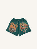 Shorts à taille élastique avec cordon de serrage et imprimé Dragon & Épée & Feu
