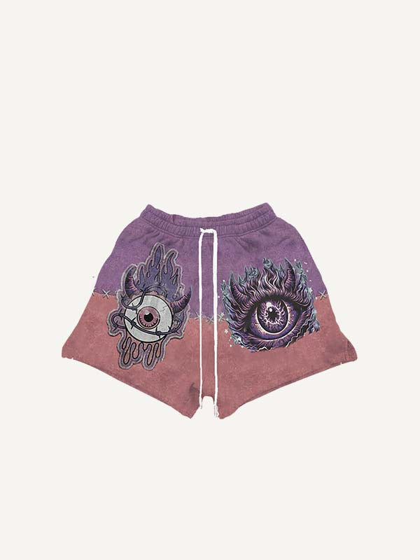 Colorblock Demon Eye&Eyeball Print Drawstring Waist Shorts