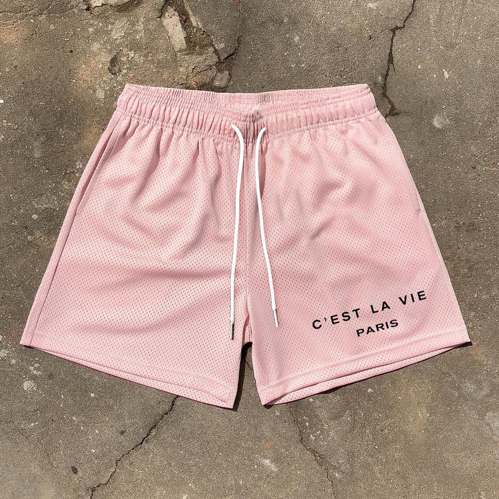 Meshshort met 'C'est La Vie'-grafiek