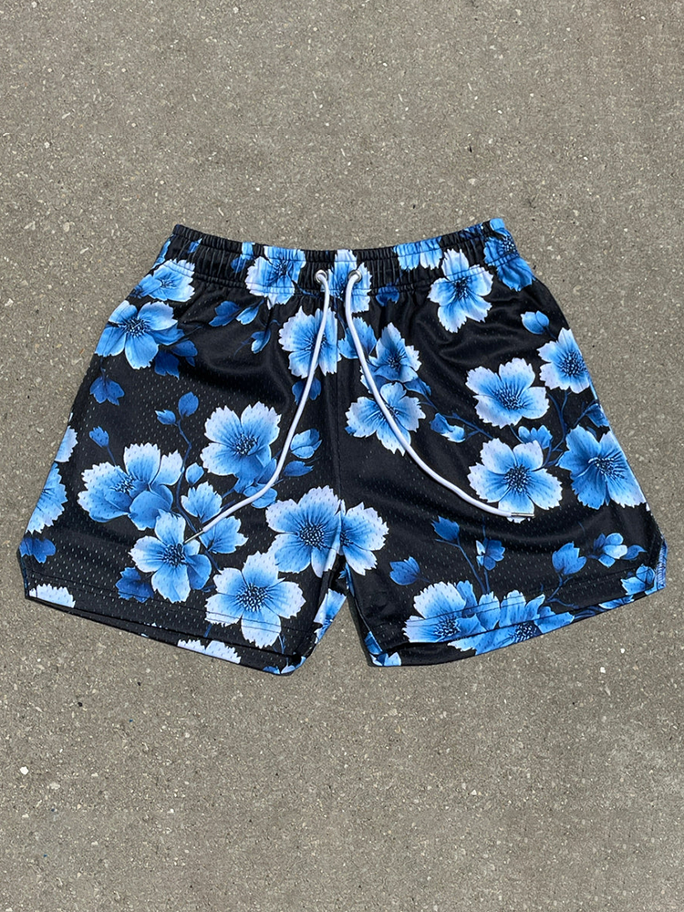Mesh-Shorts mit Blumen- und Pflanzen-Print im Tintenverlauf-Design