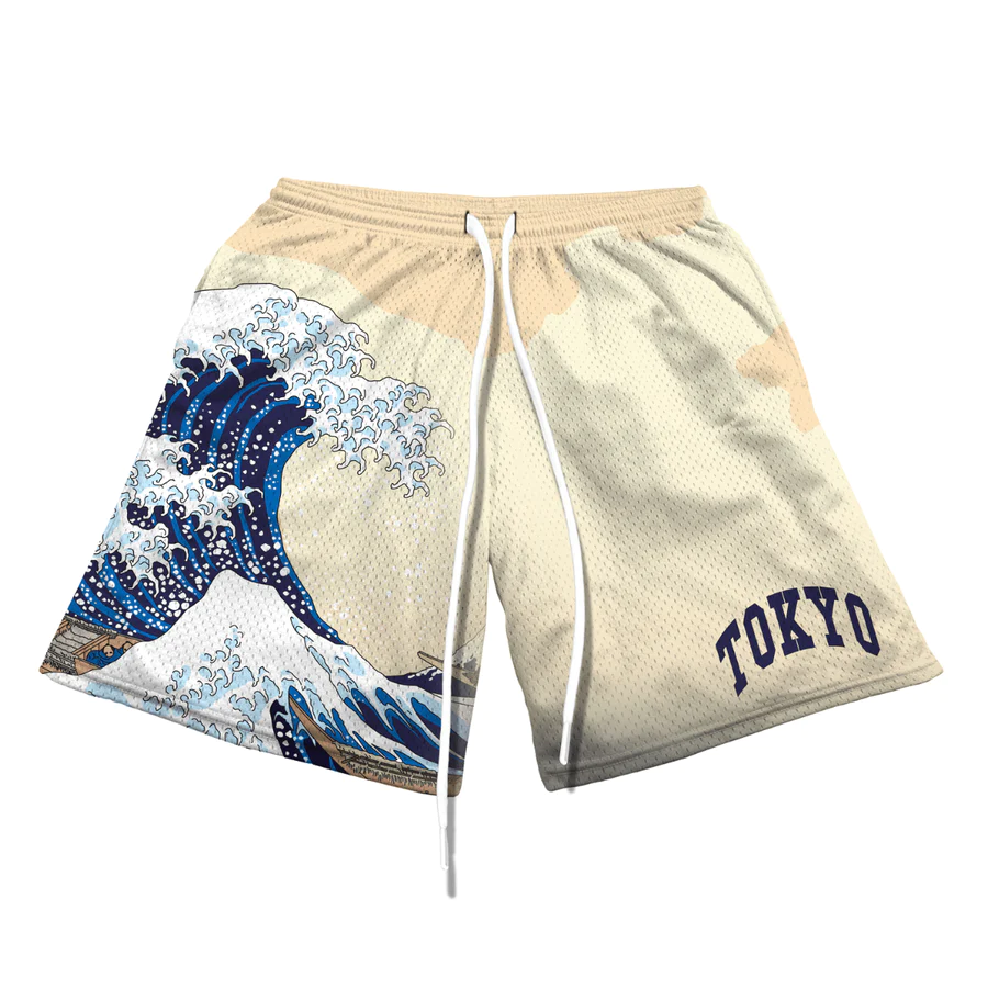 Kanagawa Wave Print Casual Mesh Shorts