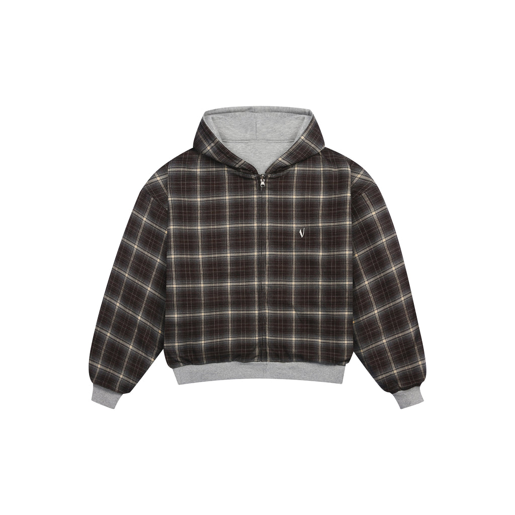 Felpa con cappuccio e zip reversibile a quadri V2（Grigio scuro/Marrone）