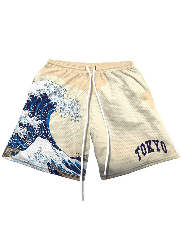 Kanagawa Wave Print Casual Mesh Shorts