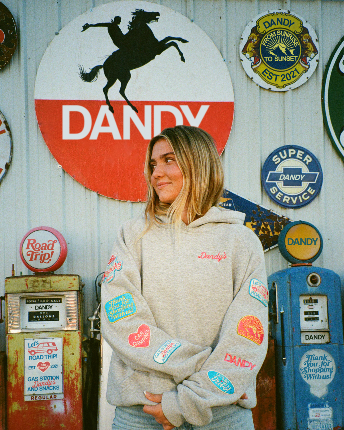 Sweat à capuche oversize « Road Trip ! » en gris chiné foncé