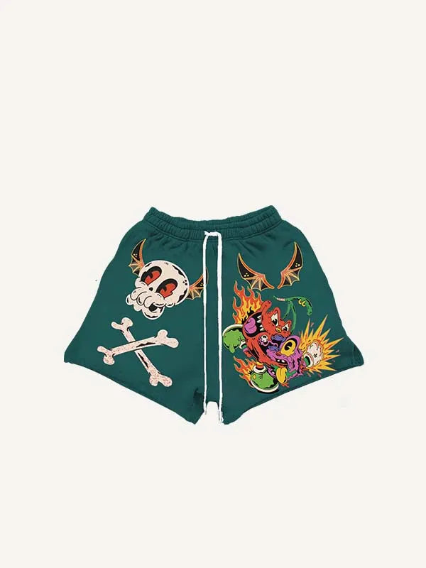 Shorts mit Kordelzug, Teufelchen-, Feuer- und Totenkopf-Grafikprint