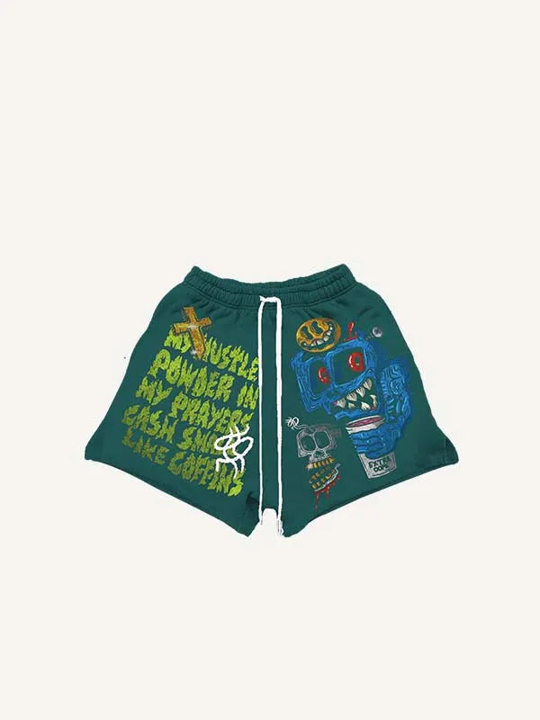 Smiley Face&Skull&Graphic&Letter Print Drawstring Waist Shorts