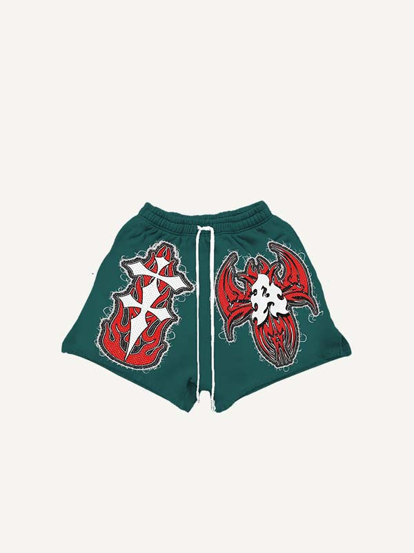 Cross&Wing&Graphic&Letter Faux Decal Print Drawstring Waist Shorts