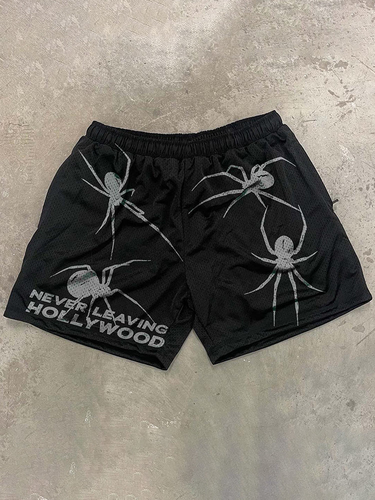 Retro Spider Print Street Mesh Shorts