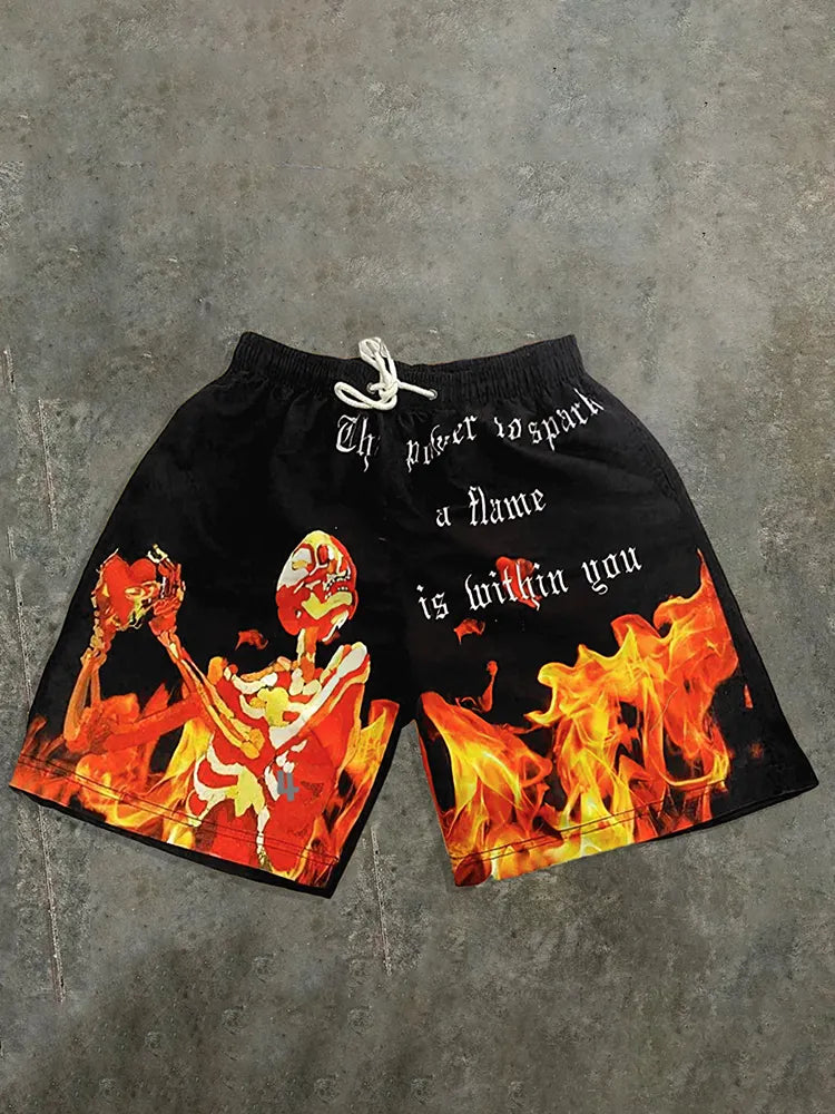 The Power To Spark A Flame Is Within You Skull Graphic Casual Street Mesh Shorts