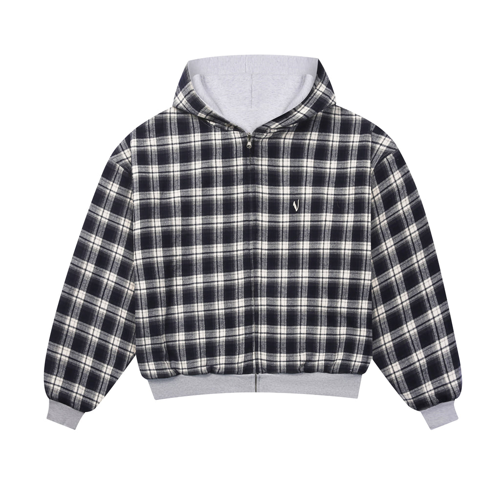 Sweat à capuche zippé réversible à carreaux V2 (Gris clair / Bleu marine délavé)