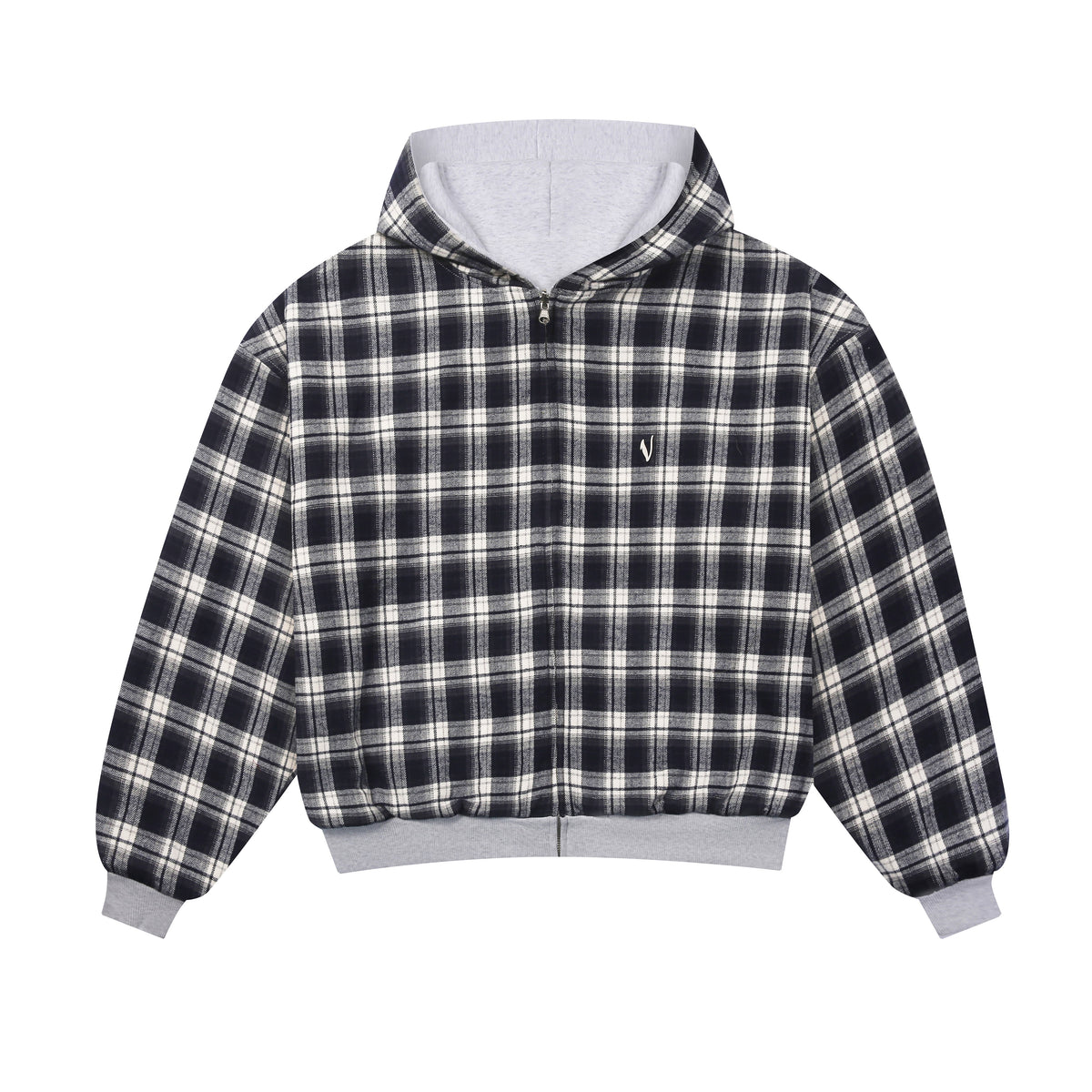 Sweat à capuche zippé réversible à carreaux V2 (Gris clair / Bleu marine délavé)