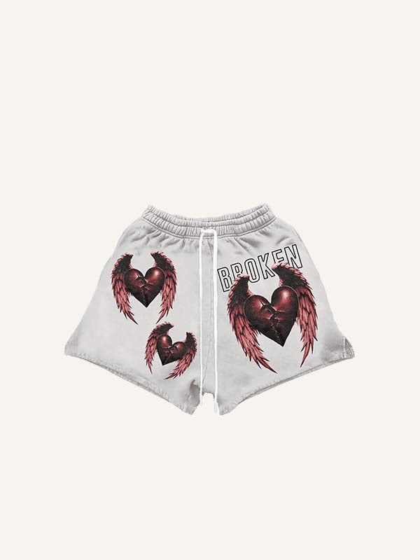 Shorts mit Herzschmerz-, Flügel- und Buchstaben-Print sowie Tunnelzug an der Taille