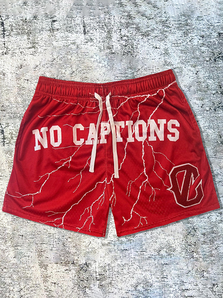 Rote Lightning-Print-Mesh-Shorts