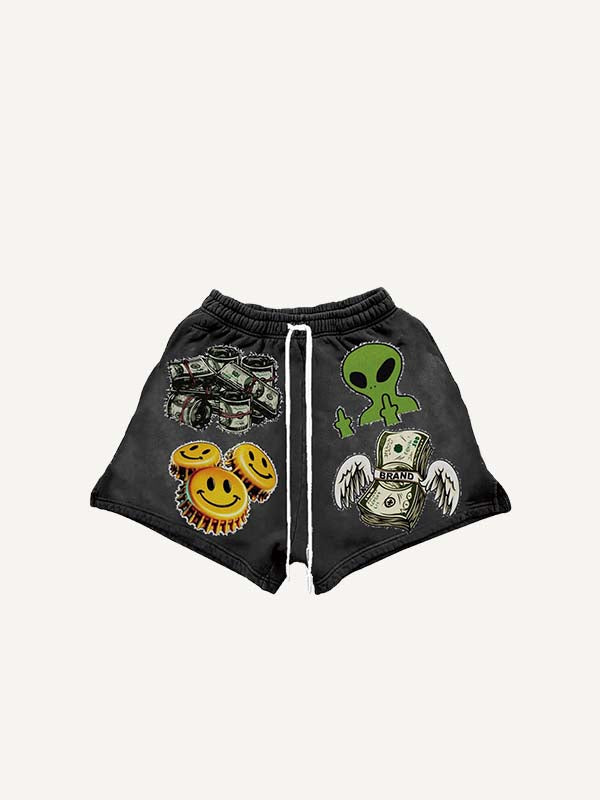 Short met trekkoord in de taille met smiley-, alien-, skelet-, geld-, vleugel-, oogbol-, letter- en grafische print in faux-stickerstijl