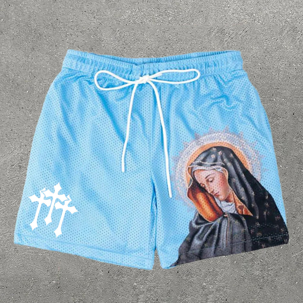 Szorty z siateczki z niebieskim nadrukiem Mary Cross