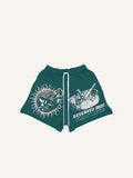 Demon Sun&Smoke&Letter Print Drawstring Waist Shorts