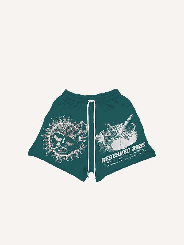 Demon Sun&Smoke&Letter Print Drawstring Waist Shorts