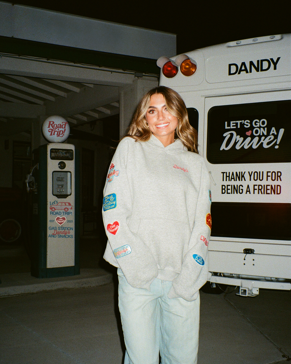Sweat à capuche oversize « Road Trip ! » en gris chiné foncé