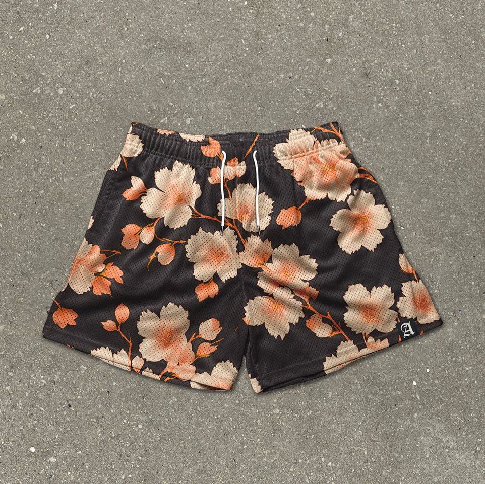 Mesh-Shorts mit Blumen- und Pflanzen-Print im Tintenverlauf-Design